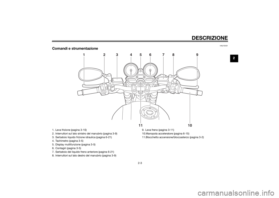 YAMAHA XJR 1300 2015  Manuale duso (in Italian) DESCRIZIONE
2-3
2
HAU10431
Comandi e strumentazione
1
2
3
4
5
6
7
8
9
10
11
1. Leva frizione (pagina 3-10)
2. Interruttori sul lato sinistro del manubrio (pagina 3-9)
3. Serbatoio liquido frizione idr