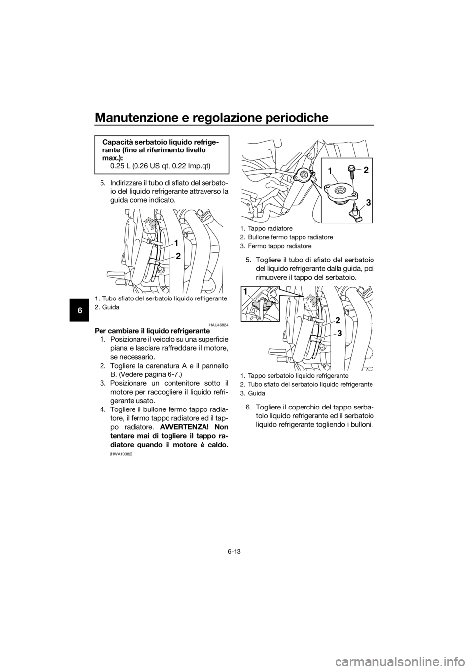 YAMAHA XJ6-N 2016  Manuale duso (in Italian) Manutenzione e regolazione perio diche
6-13
6
5. Indirizzare il tubo di sfiato del serbato-
io del liquido refrigerante attraverso la
guida come indicato.
HAU46824Per cambiare il li qui do refri geran