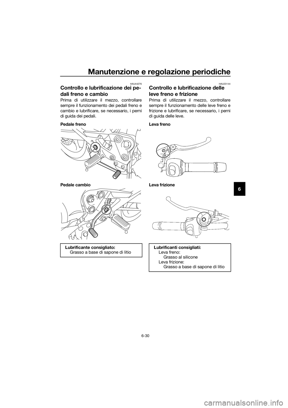YAMAHA XJ6-N 2016  Manuale duso (in Italian) Manutenzione e regolazione periodiche
6-30
6
HAU44276
Controllo e lubrificazione d ei pe-
d ali freno e cambio
Prima di utilizzare il mezzo, controllare
sempre il funzionamento dei pedali freno e
camb