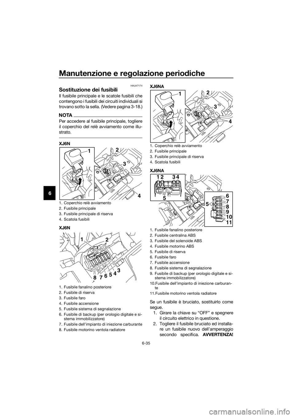 YAMAHA XJ6-N 2016  Manuale duso (in Italian) Manutenzione e regolazione perio diche
6-35
6
HAU47174
Sostituzione  dei fusibili
Il fusibile principale e le scatole fusibili che
contengono i fusibili dei circuiti individuali si
trovano sotto la se