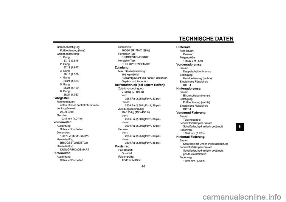 YAMAHA XJ6-N 2009 Betriebsanleitungen (in German) TECHNISCHE DATEN
8-2
8
Getriebebetätigung:
Fußbedienung (links)
Getriebeabstufung:
1. Gang:
37/13 (2.846)
2. Gang:
37/19 (1.947)
3. Gang:
28/18 (1.556)
4. Gang:
32/24 (1.333)
5. Gang:
25/21 (1.190)
YAMAHA XJ6-N 2009 Betriebsanleitungen (in German) TECHNISCHE DATEN
8-2
8
Getriebebetätigung:
Fußbedienung (links)
Getriebeabstufung:
1. Gang:
37/13 (2.846)
2. Gang:
37/19 (1.947)
3. Gang:
28/18 (1.556)
4. Gang:
32/24 (1.333)
5. Gang:
25/21 (1.190)