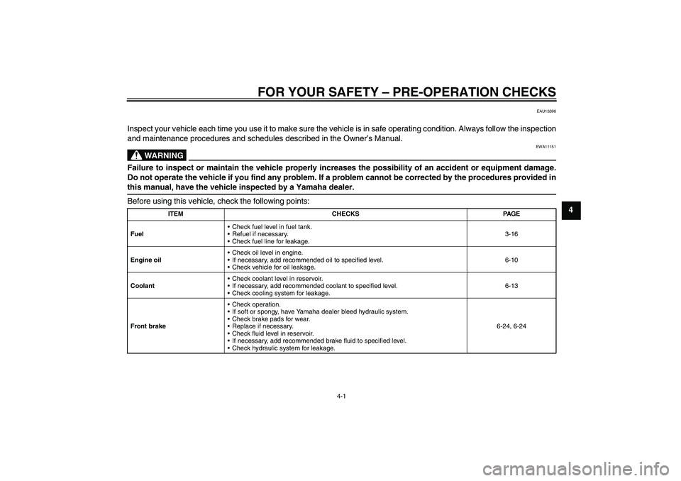 YAMAHA XJ6-S 2009 Owners Manual FOR YOUR SAFETY – PRE-OPERATION CHECKS
4-1
4
EAU15596
Inspect your vehicle each time you use it to make sure the vehicle is in safe operating condition. Always follow the inspection
and maintenance YAMAHA XJ6-S 2009 Owners Manual FOR YOUR SAFETY – PRE-OPERATION CHECKS
4-1
4
EAU15596
Inspect your vehicle each time you use it to make sure the vehicle is in safe operating condition. Always follow the inspection
and maintenance