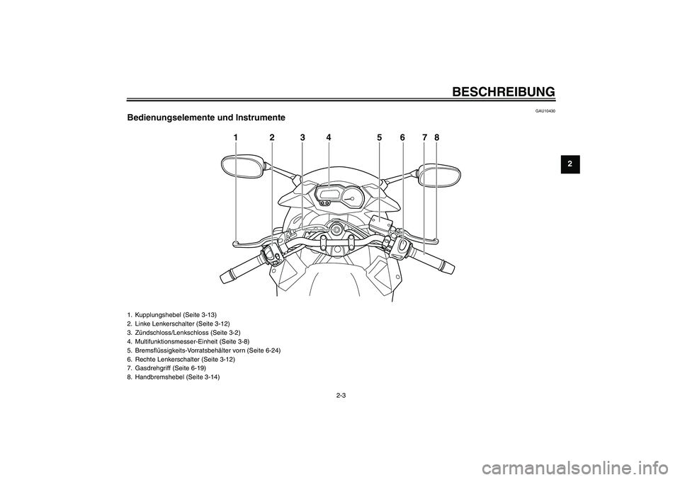 YAMAHA XJ6-S 2009  Notices Demploi (in French) BESCHREIBUNG
2-3
2
GAU10430
Bedienungselemente und Instrumente
123 5678
4
1. Kupplungshebel (Seite 3-13)
2. Linke Lenkerschalter (Seite 3-12)
3. Zündschloss/Lenkschloss (Seite 3-2)
4. Multifunktionsm