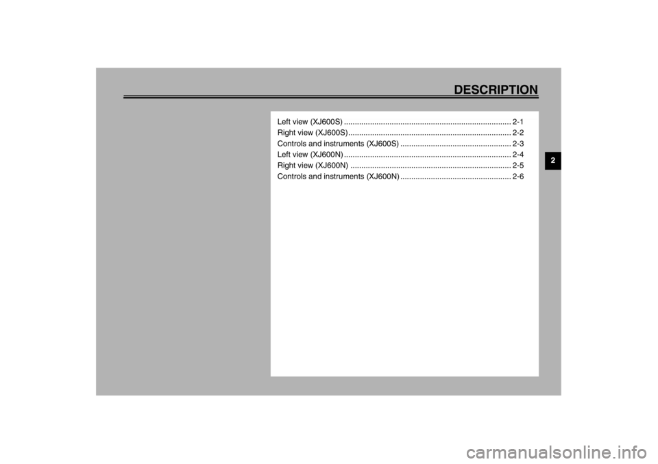 YAMAHA XJ600S 2002  Owners Manual DESCRIPTION
2
Left view (XJ600S) ............................................................................. 2-1
Right view (XJ600S) .................................................................