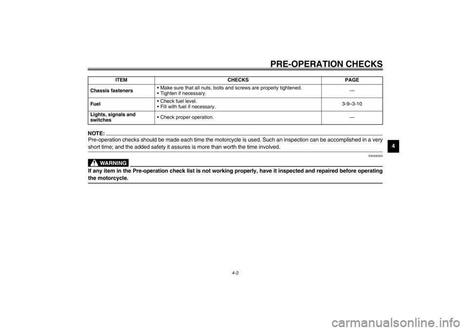 YAMAHA XJ600S 2002  Owners Manual PRE-OPERATION CHECKS
4-2
4
NOTE:_ Pre-operation checks should be made each time the motorcycle is used. Such an inspection can be accomplished in a very
short time; and the added safety it assures is 