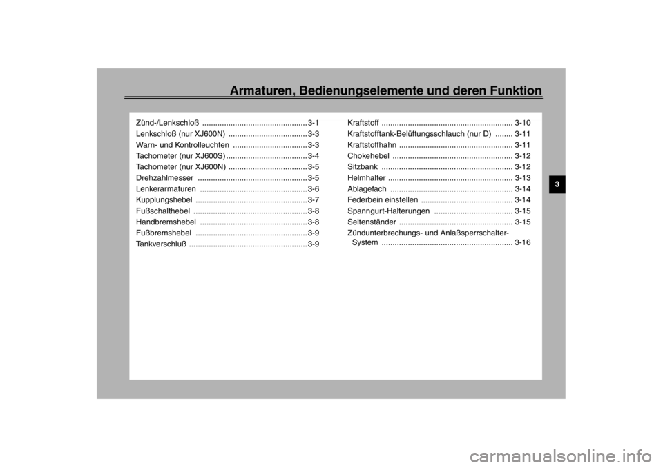 YAMAHA XJ600S 2002 Betriebsanleitungen (in German) Armaturen, Bedienungselemente und deren Funktion
3
Zünd-/Lenkschloß ................................................ 3-1
Lenkschloß (nur XJ600N) .................................... 3-3
Warn- und YAMAHA XJ600S 2002 Betriebsanleitungen (in German) Armaturen, Bedienungselemente und deren Funktion
3
Zünd-/Lenkschloß ................................................ 3-1
Lenkschloß (nur XJ600N) .................................... 3-3
Warn- und