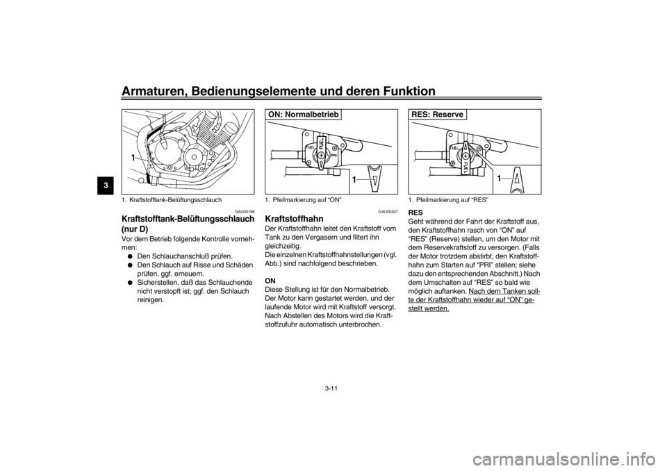 YAMAHA XJ600S 2002 Betriebsanleitungen (in German) Armaturen, Bedienungselemente und deren Funktion
3-11
3
GAU00196
Kraftstofftank-Belüftungsschlauch
(nur D)Vor dem Betrieb folgende Kontrolle vorneh-
men:
Den Schlauchanschluß prüfen.
Den Schlau YAMAHA XJ600S 2002 Betriebsanleitungen (in German) Armaturen, Bedienungselemente und deren Funktion
3-11
3
GAU00196
Kraftstofftank-Belüftungsschlauch
(nur D)Vor dem Betrieb folgende Kontrolle vorneh-
men:
Den Schlauchanschluß prüfen.
Den Schlau