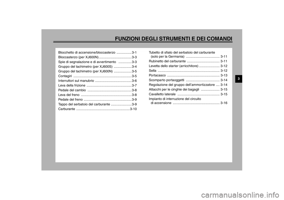 YAMAHA XJ600S 2002 Manuale duso (in Italian) FUNZIONI DEGLI STRUMENTI E DEI COMANDI
3
Blocchetto di accensione/bloccasterzo ................ 3-1
Bloccasterzo (per XJ600N) ................................... 3-3
Spie di segnalazione e di avverti YAMAHA XJ600S 2002 Manuale duso (in Italian) FUNZIONI DEGLI STRUMENTI E DEI COMANDI
3
Blocchetto di accensione/bloccasterzo ................ 3-1
Bloccasterzo (per XJ600N) ................................... 3-3
Spie di segnalazione e di avverti