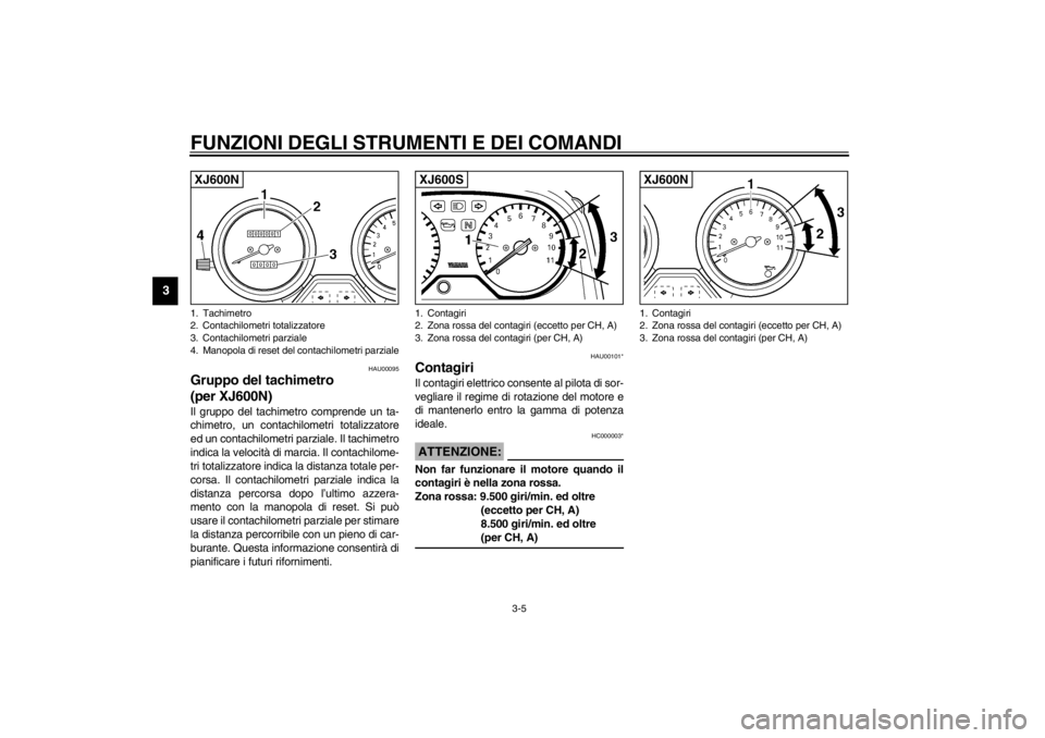 YAMAHA XJ600S 2002 Manuale duso (in Italian) FUNZIONI DEGLI STRUMENTI E DEI COMANDI
3-5
3
HAU00095
Gruppo del tachimetro
(per XJ600N) Il gruppo del tachimetro comprende un ta-
chimetro, un contachilometri totalizzatore
ed un contachilometri parz YAMAHA XJ600S 2002 Manuale duso (in Italian) FUNZIONI DEGLI STRUMENTI E DEI COMANDI
3-5
3
HAU00095
Gruppo del tachimetro
(per XJ600N) Il gruppo del tachimetro comprende un ta-
chimetro, un contachilometri totalizzatore
ed un contachilometri parz