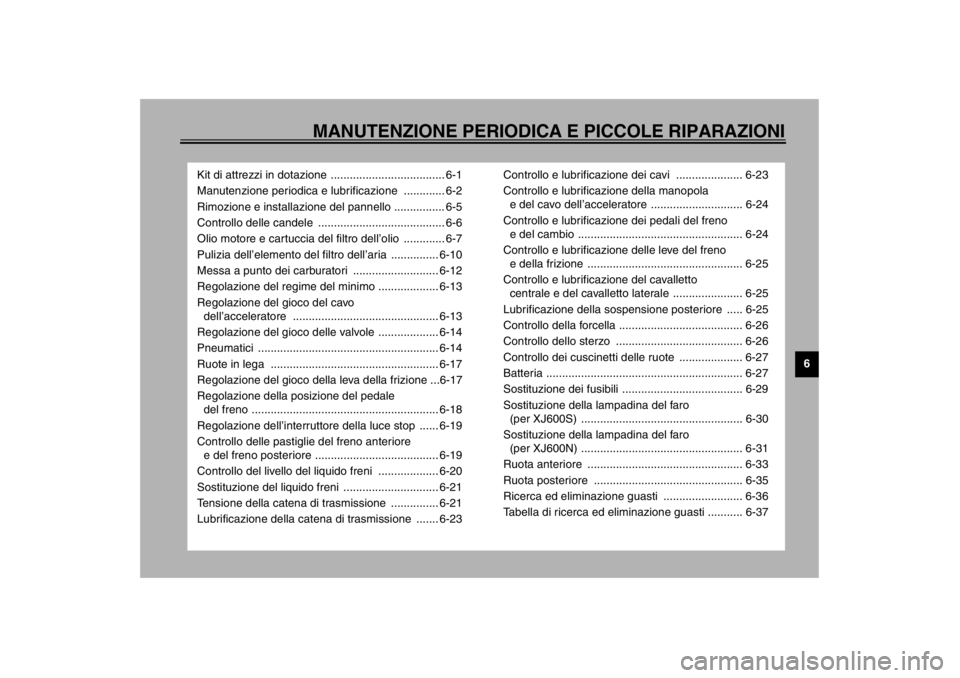 YAMAHA XJ600S 2002 Manuale duso (in Italian) MANUTENZIONE PERIODICA E PICCOLE RIPARAZIONI
6
Kit di attrezzi in dotazione .................................... 6-1
Manutenzione periodica e lubrificazione ............. 6-2
Rimozione e installazion YAMAHA XJ600S 2002 Manuale duso (in Italian) MANUTENZIONE PERIODICA E PICCOLE RIPARAZIONI
6
Kit di attrezzi in dotazione .................................... 6-1
Manutenzione periodica e lubrificazione ............. 6-2
Rimozione e installazion