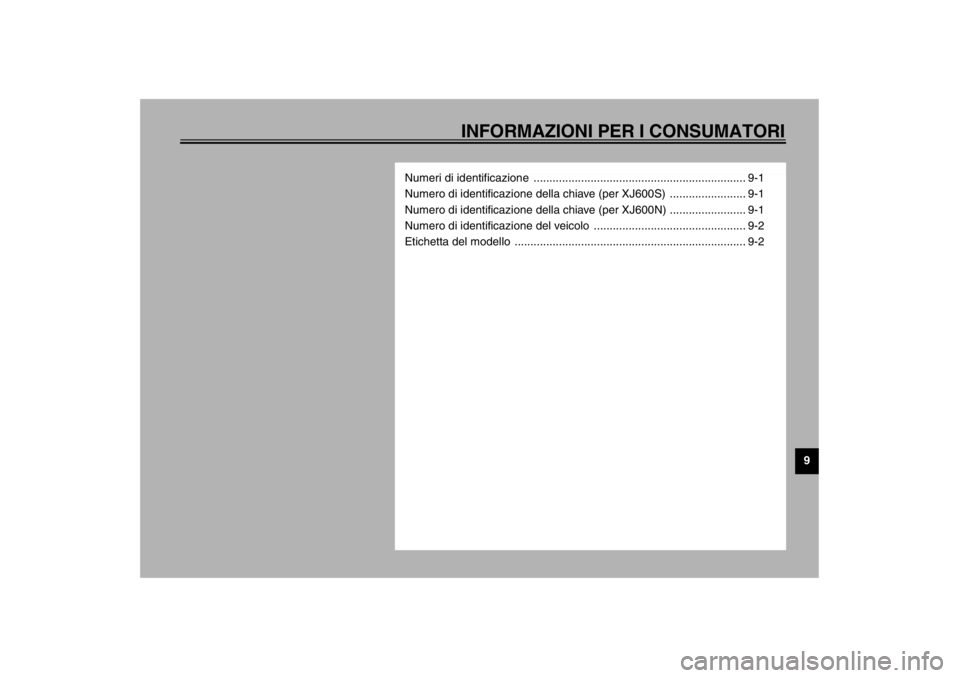 YAMAHA XJ600S 2002  Manuale duso (in Italian) INFORMAZIONI PER I CONSUMATORI
9
Numeri di identificazione  ................................................................... 9-1
Numero di identificazione della chiave (per XJ600S)  ...............