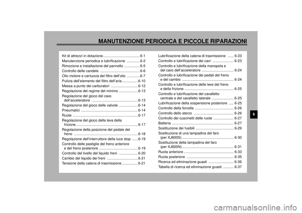 YAMAHA XJ600S 2001  Manuale duso (in Italian) MANUTENZIONE PERIODICA E PICCOLE RIPARAZIONI
6
Kit di attrezzi in dotazione ..................................... 6-1
Manutenzione periodica e lubrificazione  ............. 6-2
Rimozione e installazio