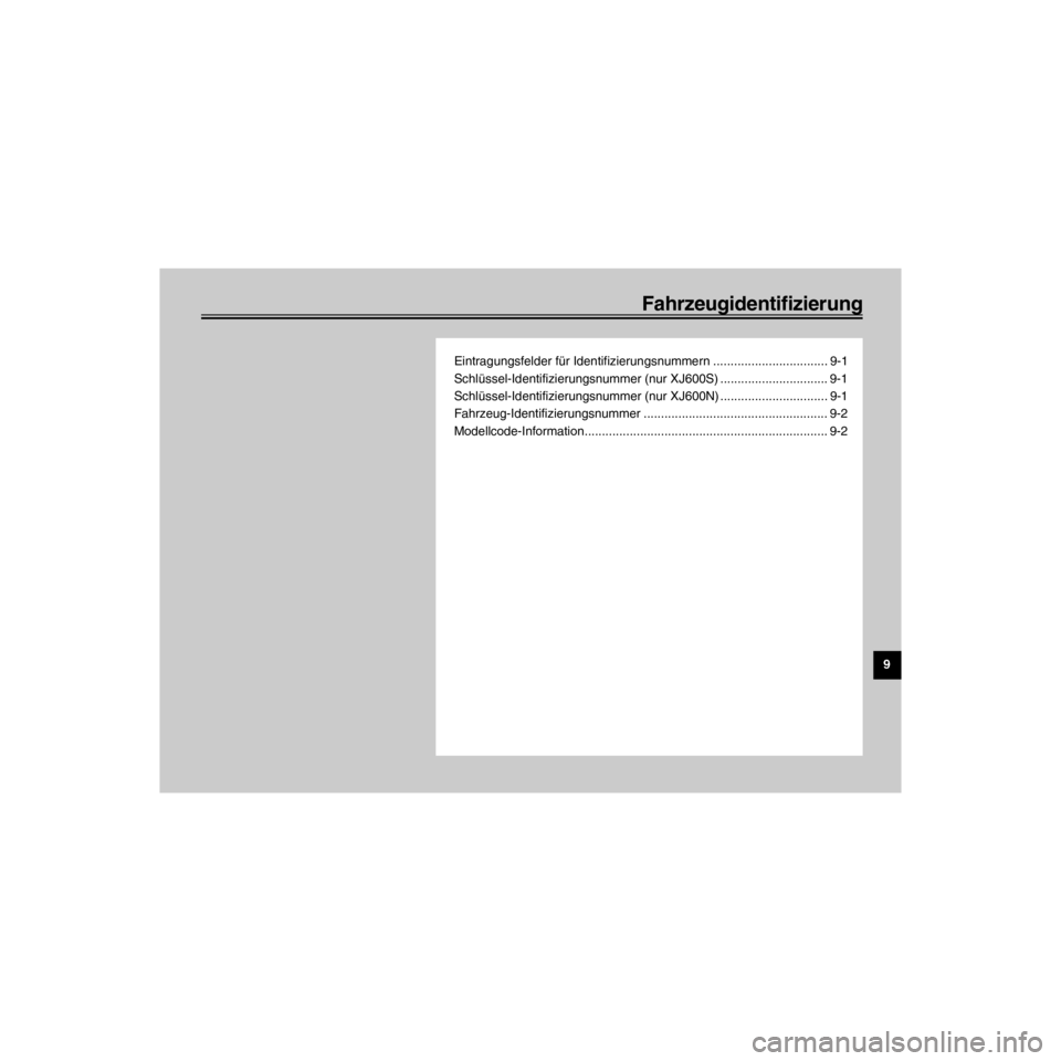 YAMAHA XJ600S 2000  Betriebsanleitungen (in German) R
Fahrzeugidentifizierung
/Net/layout8/layout_G2/work/Imai_work/OM-PS/AA9158_XJ600SN-G6/German/G-9TOC.-
Eintragungsfelder fŸr Identifizierungsnummern ................................. 9-1
SchlŸssel-