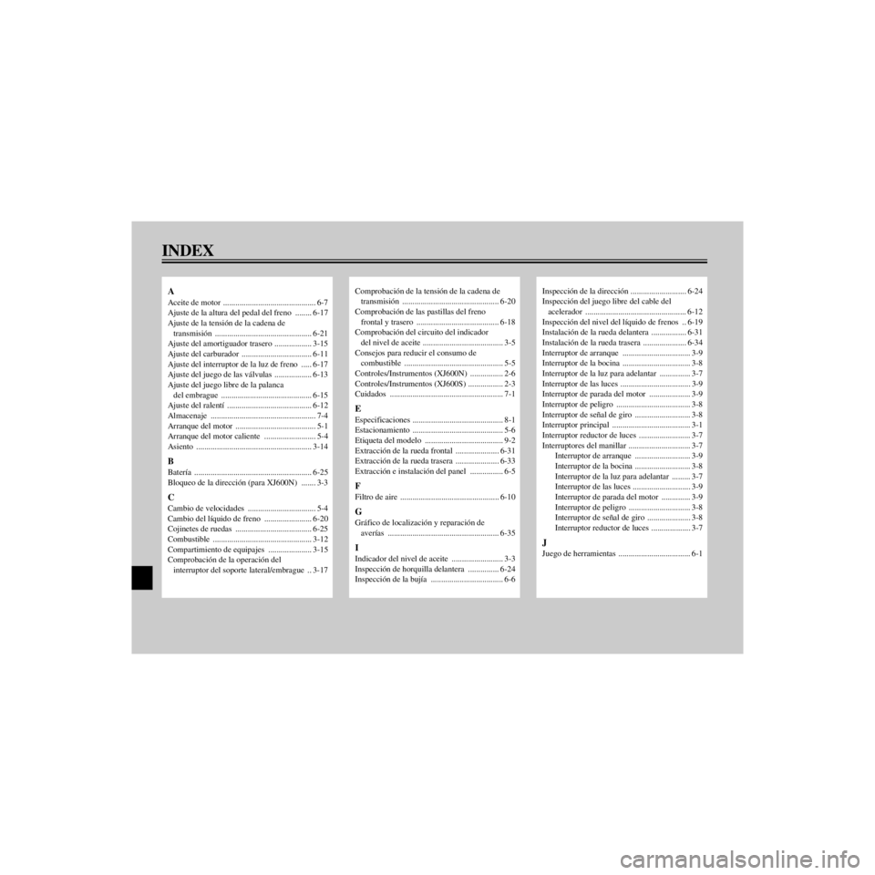 YAMAHA XJ600N 2000  Manuale de Empleo (in Spanish) L
INDEX
/Net/layout8/layout_G2/work/Imai_work/OM-PS/AA9160_XJ600SN-S6/Spanish/SSIX.-
A
Aceite de motor  ............................................. 6-7
Ajuste de la altura del pedal del freno  .....