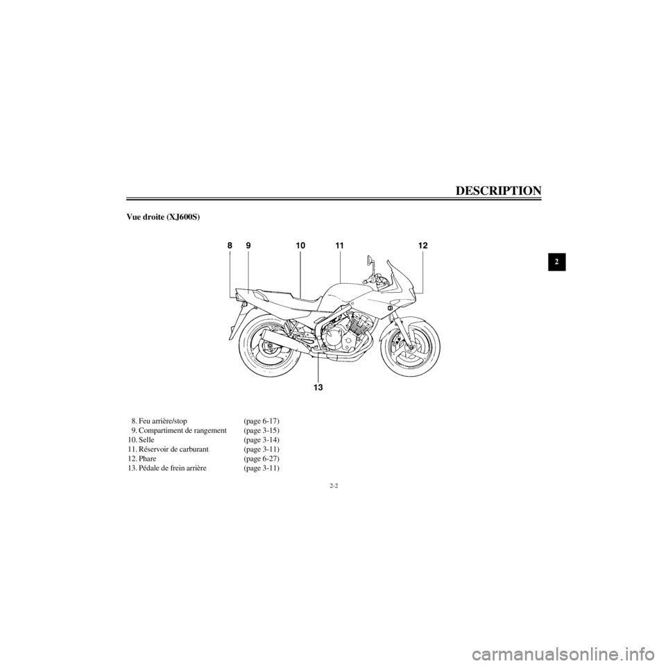 YAMAHA XJ600S 2000  Notices Demploi (in French) R
2-2
DESCRIPTION
/home/Imai/imai_data/YMC-om/AA9157_XJ600SN-F6/French/F-2.frame
Vue droite (XJ600S)
8.  (page 6-17)
9. Compartiment de rangement (page 3-15)
10. Selle (page 3-14)
11. RŽservoir de ca