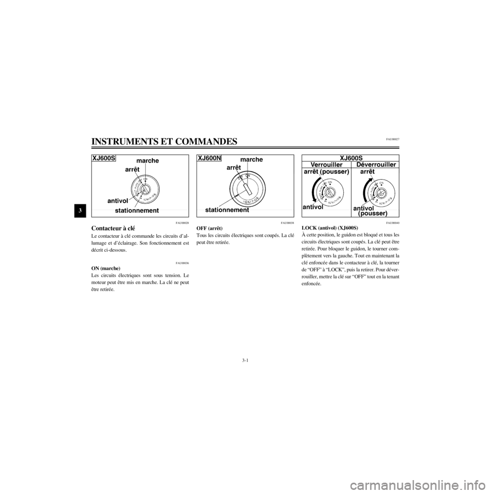 YAMAHA XJ600S 2000  Notices Demploi (in French) L
3-1
INSTRUMENTS ET COMMANDES
/home/Imai/imai_data/YMC-om/AA9157_XJ600SN-F6/French/F-3.frame
FAU00027
FAU00028
Contacteur ˆ clŽ
Le contacteur ˆ clŽ commande les circuits dÕal-
lumage et dÕŽcla