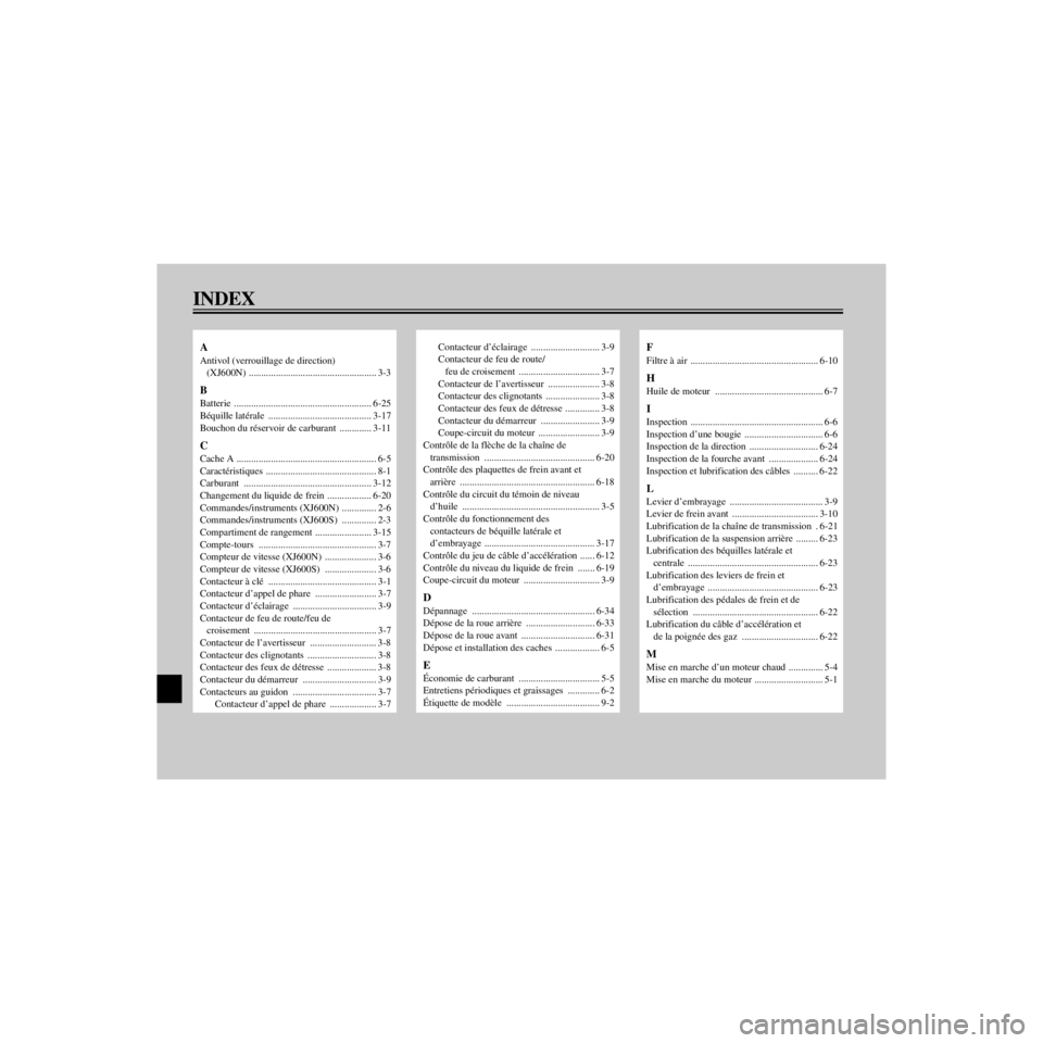 YAMAHA XJ600S 2000 Notices Demploi (in French) L
INDEX
/home/Imai/imai_data/YMC-om/AA9157_XJ600SN-F6/French/FFIX.frame
A
Antivol (verrouillage de direction)
(XJ600N) .................................................... 3-3
B
Batterie ............ YAMAHA XJ600S 2000 Notices Demploi (in French) L
INDEX
/home/Imai/imai_data/YMC-om/AA9157_XJ600SN-F6/French/FFIX.frame
A
Antivol (verrouillage de direction)
(XJ600N) .................................................... 3-3
B
Batterie ............