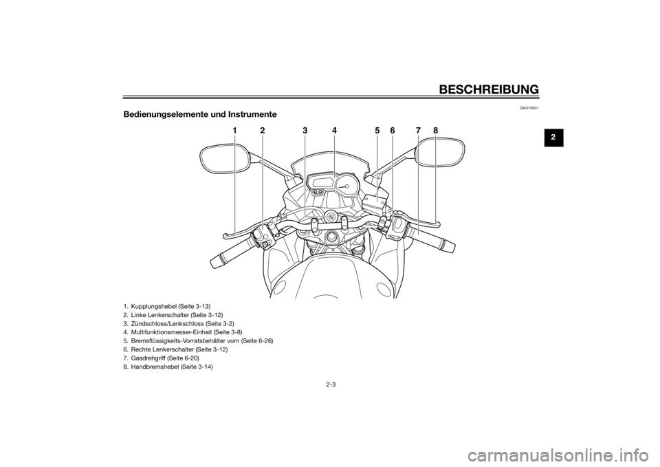 YAMAHA XJ6F 2015  Betriebsanleitungen (in German) BESCHREIBUNG
2-3
2
GAU10431
Be dienun gselemente un d Instrumente
12 3 5678
4
1. Kupplungshebel (Seite 3-13)
2. Linke Lenkerschalter (Seite 3-12)
3. Zündschloss/Lenkschloss (Seite 3-2)
4. Multifunkti