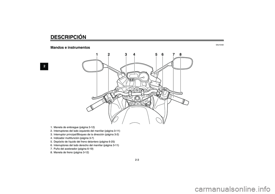 YAMAHA XJ6F 2010  Manuale de Empleo (in Spanish) DESCRIPCIÓN
2-3
2
SAU10430
Mandos e instrumentos
12 3 5678
4
1. Maneta de embrague (página 3-12)
2. Interruptores del lado izquierdo del manillar (página 3-11)
3. Interruptor principal/Bloqueo de l