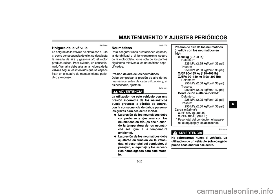 YAMAHA XJ6F 2010  Manuale de Empleo (in Spanish) MANTENIMIENTO Y AJUSTES PERIÓDICOS
6-20
6
SAU21401
Holgura de la válvula La holgura de la válvula se altera con el uso
y, como consecuencia de ello, se desajusta
la mezcla de aire y gasolina y/o el