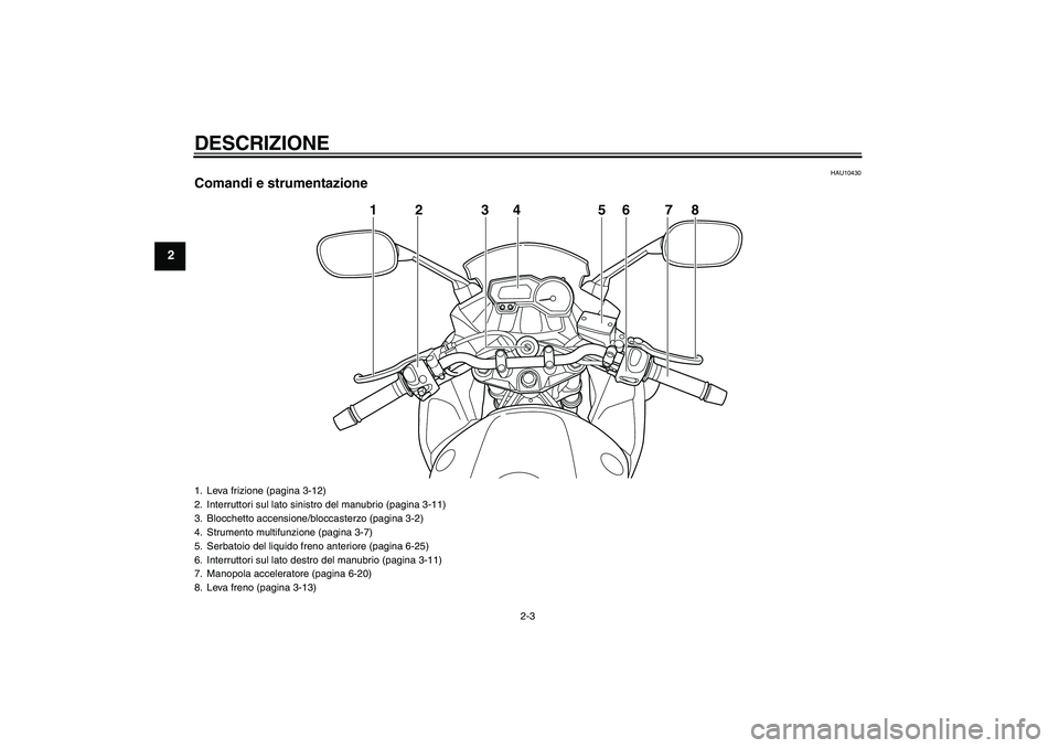 YAMAHA XJ6F 2010  Manuale duso (in Italian) DESCRIZIONE
2-3
2
HAU10430
Comandi e strumentazione
12 3 5678
4
1. Leva frizione (pagina 3-12)
2. Interruttori sul lato sinistro del manubrio (pagina 3-11)
3. Blocchetto accensione/bloccasterzo (pagin