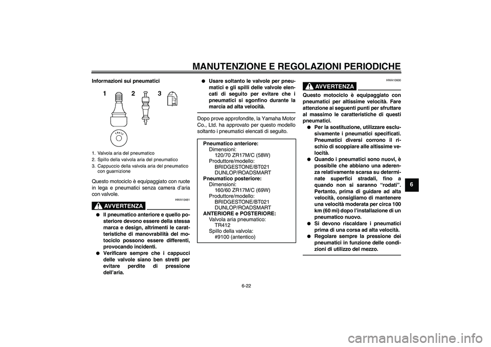 YAMAHA XJ6F 2010 Manuale duso (in Italian) MANUTENZIONE E REGOLAZIONI PERIODICHE
6-22
6
Informazioni sui pneumatici
Questo motociclo è equipaggiato con ruote
in lega e pneumatici senza camera d’aria
con valvole.
AVVERTENZA
HWA10481
Il pne YAMAHA XJ6F 2010 Manuale duso (in Italian) MANUTENZIONE E REGOLAZIONI PERIODICHE
6-22
6
Informazioni sui pneumatici
Questo motociclo è equipaggiato con ruote
in lega e pneumatici senza camera d’aria
con valvole.
AVVERTENZA
HWA10481
Il pne