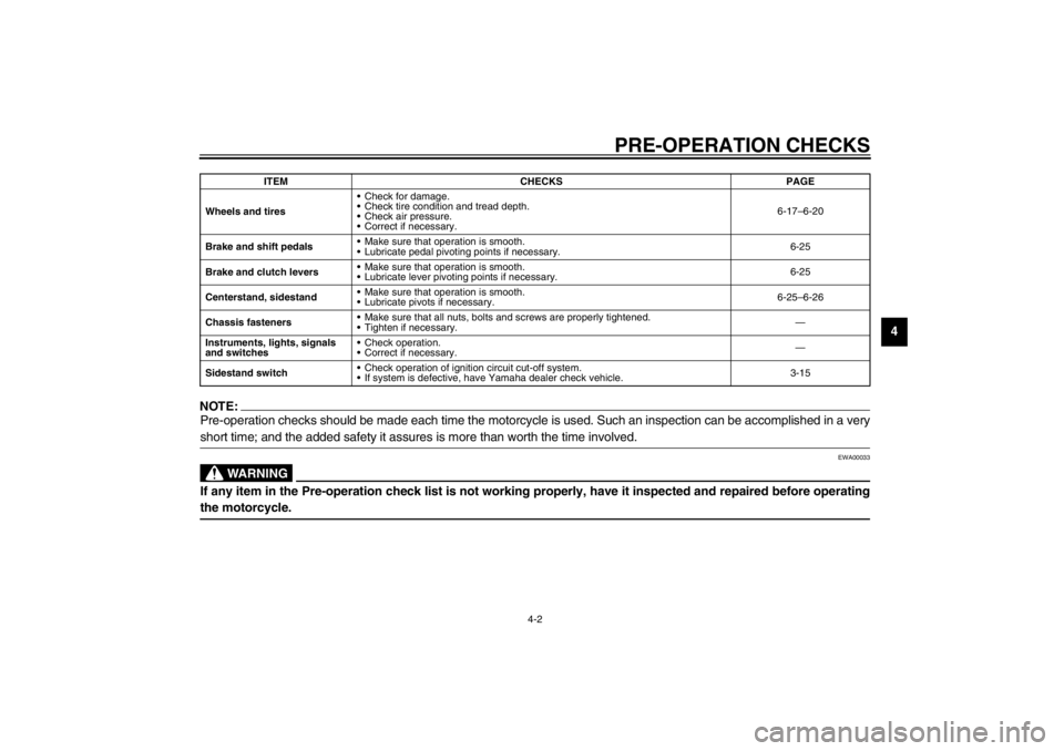 YAMAHA XJ900S 2002  Owners Manual PRE-OPERATION CHECKS
4-2
4
NOTE:@ Pre-operation checks should be made each time the motorcycle is used. Such an inspection can be accomplished in a very
short time; and the added safety it assures is 