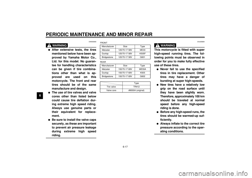 YAMAHA XJ900S 2000 Owners Manual PERIODIC MAINTENANCE AND MINOR REPAIR
6-17
6
EW000080
WARNING
@ l
After extensive tests, the tires
mentioned below have been ap-
proved by Yamaha Motor Co.,
Ltd. for this model. No guaran-
tee for han YAMAHA XJ900S 2000 Owners Manual PERIODIC MAINTENANCE AND MINOR REPAIR
6-17
6
EW000080
WARNING
@ l
After extensive tests, the tires
mentioned below have been ap-
proved by Yamaha Motor Co.,
Ltd. for this model. No guaran-
tee for han