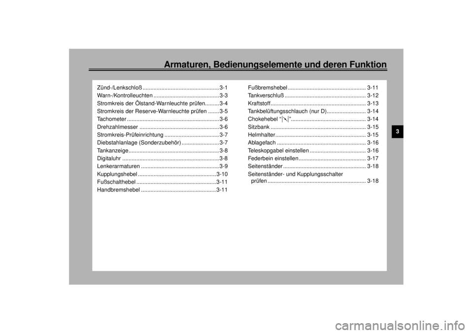 YAMAHA XJ900S 2000  Betriebsanleitungen (in German) 3
Armaturen, Bedienungselemente und deren Funktion
Zünd-/Lenkschloß ................................................. 3-1
Warn-/Kontrolleuchten .......................................... 3-3
Stromkr