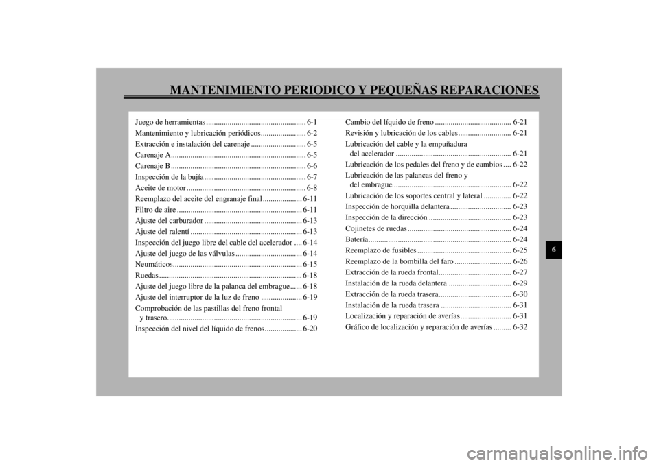 YAMAHA XJ900S 2000 Manuale de Empleo (in Spanish) 6
MANTENIMIENTO PERIODICO Y PEQUEÑAS REPARACIONES
Juego de herramientas ................................................... 6-1
Mantenimiento y lubricación periódicos....................... 6-2
Ext YAMAHA XJ900S 2000 Manuale de Empleo (in Spanish) 6
MANTENIMIENTO PERIODICO Y PEQUEÑAS REPARACIONES
Juego de herramientas ................................................... 6-1
Mantenimiento y lubricación periódicos....................... 6-2
Ext