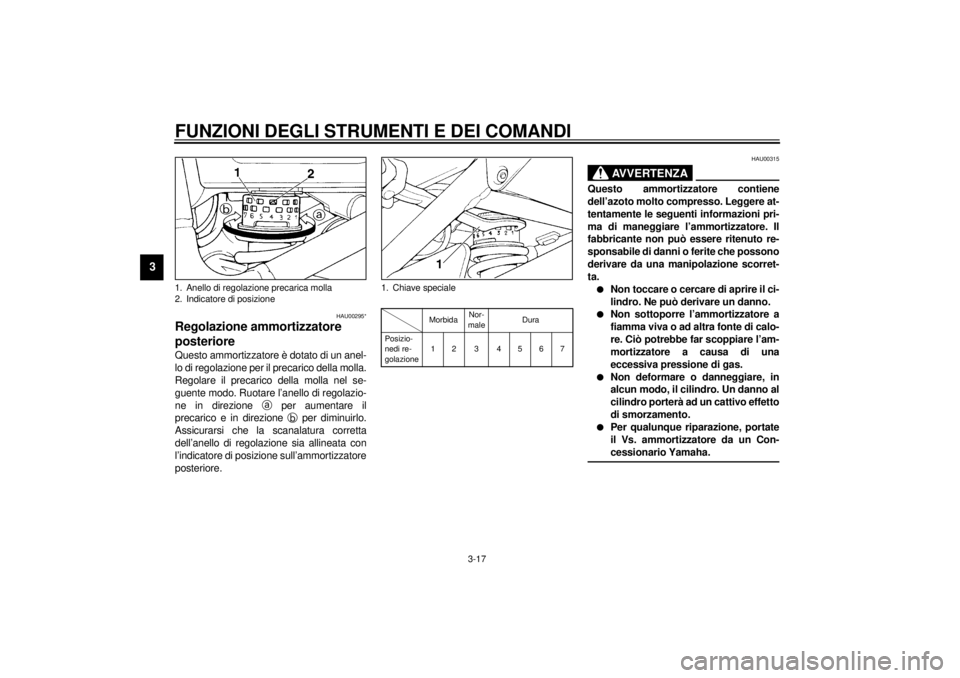 YAMAHA XJ900S 2000  Manuale duso (in Italian) FUNZIONI DEGLI STRUMENTI E DEI COMANDI
3-17
3
HAU00295*
Regolazione ammortizzatore 
posterioreQuesto ammortizzatore è dotato di un anel-
lo di regolazione per il precarico della molla.
Regolare il pr