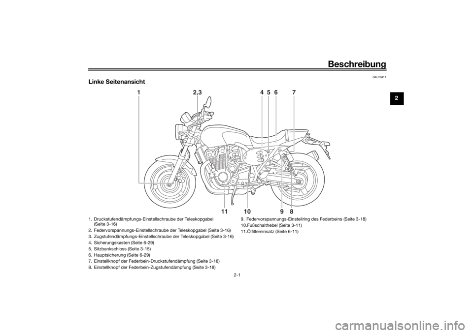 YAMAHA XJR 1300 2016  Betriebsanleitungen (in German) Beschreibung
2-1
2
GAU10411
Linke  Seitenansicht
1
2,3
4
5
6
7
11
10
9
8
1. Druckstufendämpfungs-Einstellschraube der Teleskopgabel 
(Seite 3-16)
2. Federvorspannungs-Einstellschraube  der Teleskopga