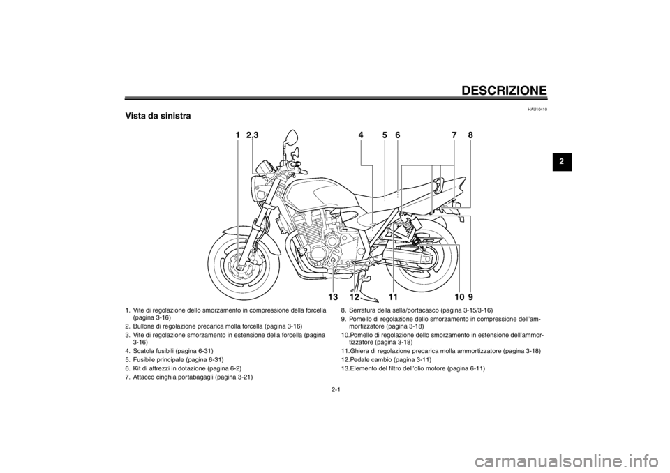 YAMAHA XJR 1300 2013  Manuale duso (in Italian) DESCRIZIONE
2-1
2
HAU10410
Vista da sinistra
1
2,3
4
5
6
7
8
13
12
11
10
9
1. Vite di regolazione dello smorzamento in compressione della forcella  (pagina 3-16)
2. Bullone di regolazione precarica mo
