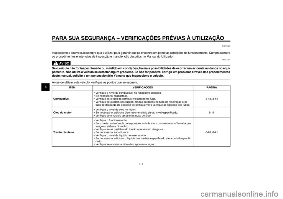 YAMAHA XJR 1300 2013 Manual de utilização (in Portuguese) PARA SUA SEGURANÇA – VERIFICAÇÕES PRÉVIAS À UTILIZAÇÃO
4-1
4
PAU15597
Inspeccione o seu veículo sempre que o utilizar para garantir que se encontra em perfeitas condições de funcionamento. YAMAHA XJR 1300 2013 Manual de utilização (in Portuguese) PARA SUA SEGURANÇA – VERIFICAÇÕES PRÉVIAS À UTILIZAÇÃO
4-1
4
PAU15597
Inspeccione o seu veículo sempre que o utilizar para garantir que se encontra em perfeitas condições de funcionamento.