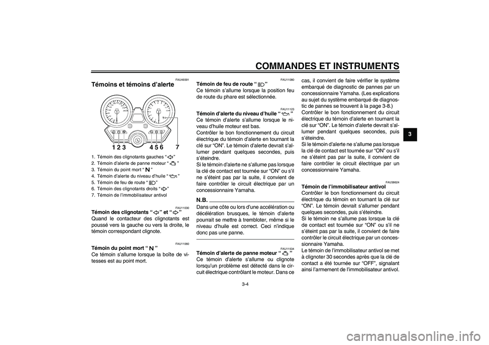 YAMAHA XJR 1300 2011  Notices Demploi (in French) COMMANDES ET INSTRUMENTS
3-4
3
FAU49391
Témoins et témoins d’alerte 
FAU11030
Témoin des clignotants“” et“” 
Quand le contacteur des clignotants est
poussé vers la gauche ou vers la droi