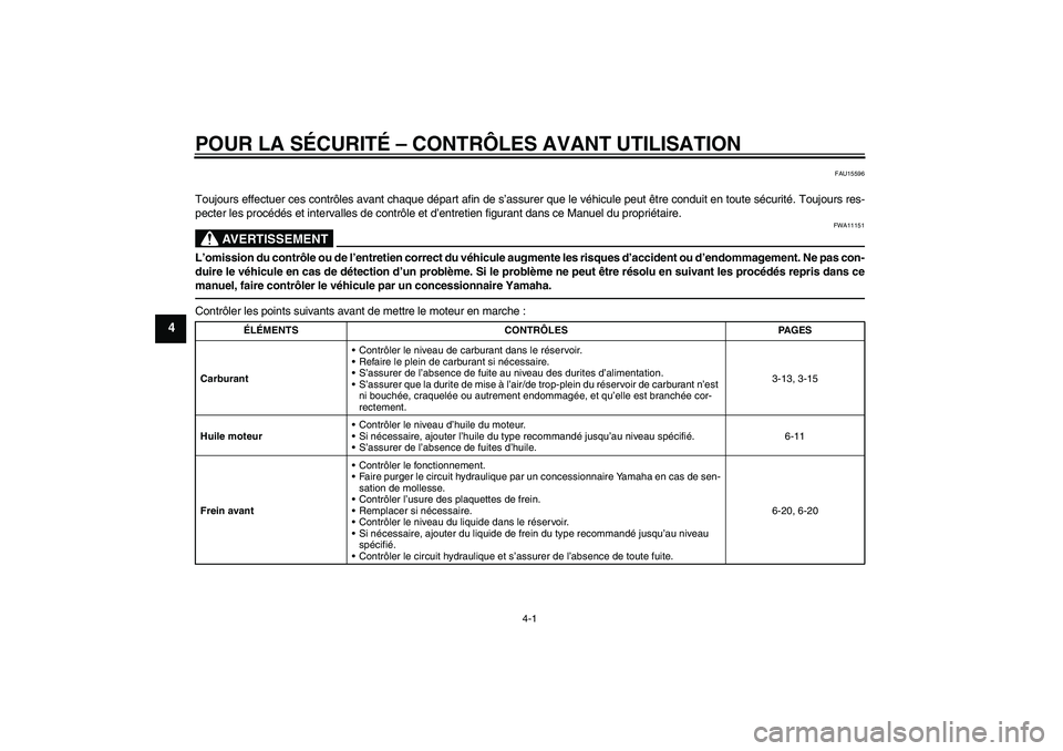 YAMAHA XJR 1300 2011  Notices Demploi (in French) POUR LA SÉCURITÉ – CONTRÔLES AVANT UTILISATION
4-1
4
FAU15596
Toujours effectuer ces contrôles avant chaque départ afin de s’assurer que le véhicule peut être conduit en toute sécurité. T