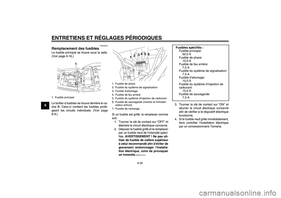 YAMAHA XJR 1300 2011  Notices Demploi (in French) ENTRETIENS ET RÉGLAGES PÉRIODIQUES
6-30
6
FAU43272
Remplacement des fusibles Le fusible principal se trouve sous la selle.
(Voir page 3-16.)
Le boîtier à fusibles se trouve derrière le ca-
che B.