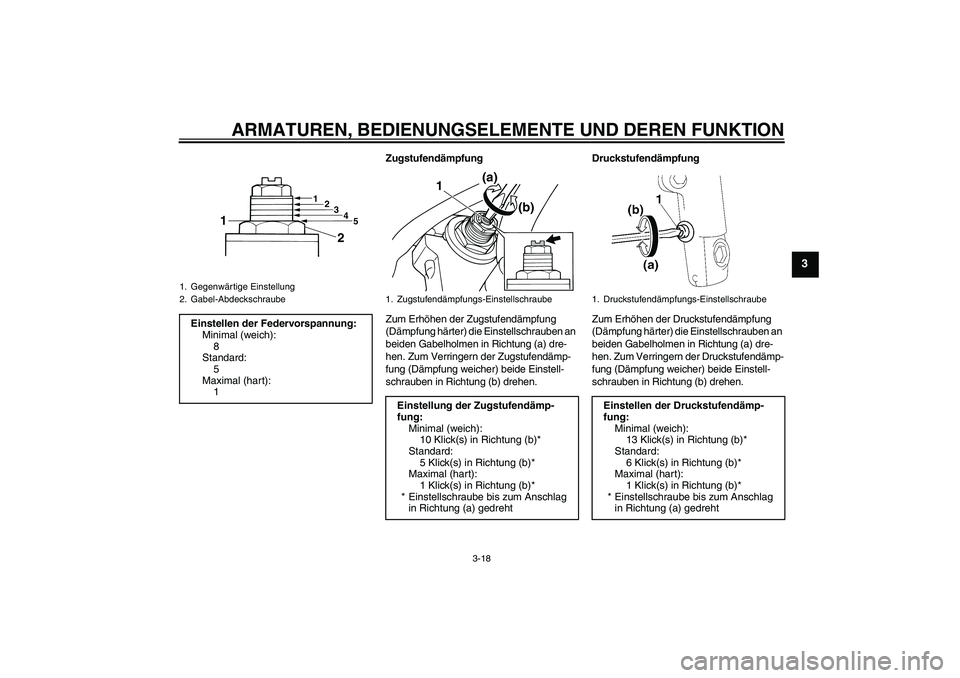 YAMAHA XJR 1300 2010 Betriebsanleitungen (in German) ARMATUREN, BEDIENUNGSELEMENTE UND DEREN FUNKTION
3-18
3
Zugstufendämpfung
Zum Erhöhen der Zugstufendämpfung
(Dämpfung härter) die Einstellschrauben an
beiden Gabelholmen in Richtung (a) dre-
he YAMAHA XJR 1300 2010 Betriebsanleitungen (in German) ARMATUREN, BEDIENUNGSELEMENTE UND DEREN FUNKTION
3-18
3
Zugstufendämpfung
Zum Erhöhen der Zugstufendämpfung
(Dämpfung härter) die Einstellschrauben an
beiden Gabelholmen in Richtung (a) dre-
he