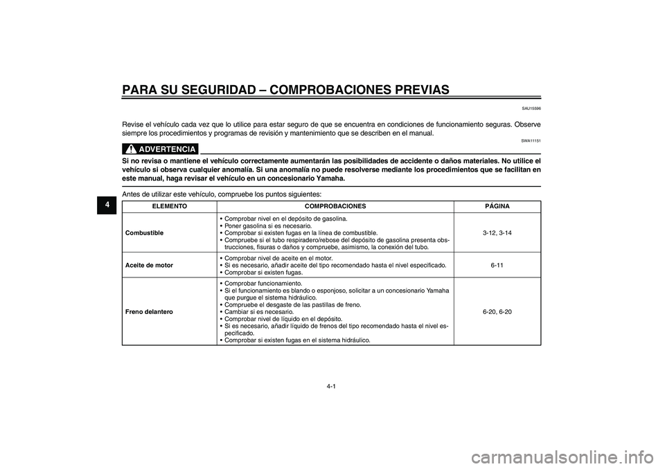 YAMAHA XJR 1300 2010 Manuale de Empleo (in Spanish) PARA SU SEGURIDAD – COMPROBACIONES PREVIAS
4-1
4
SAU15596
Revise el vehículo cada vez que lo utilice para estar seguro de que se encuentra en condiciones de funcionamiento seguras. Observe
siempre YAMAHA XJR 1300 2010 Manuale de Empleo (in Spanish) PARA SU SEGURIDAD – COMPROBACIONES PREVIAS
4-1
4
SAU15596
Revise el vehículo cada vez que lo utilice para estar seguro de que se encuentra en condiciones de funcionamiento seguras. Observe
siempre