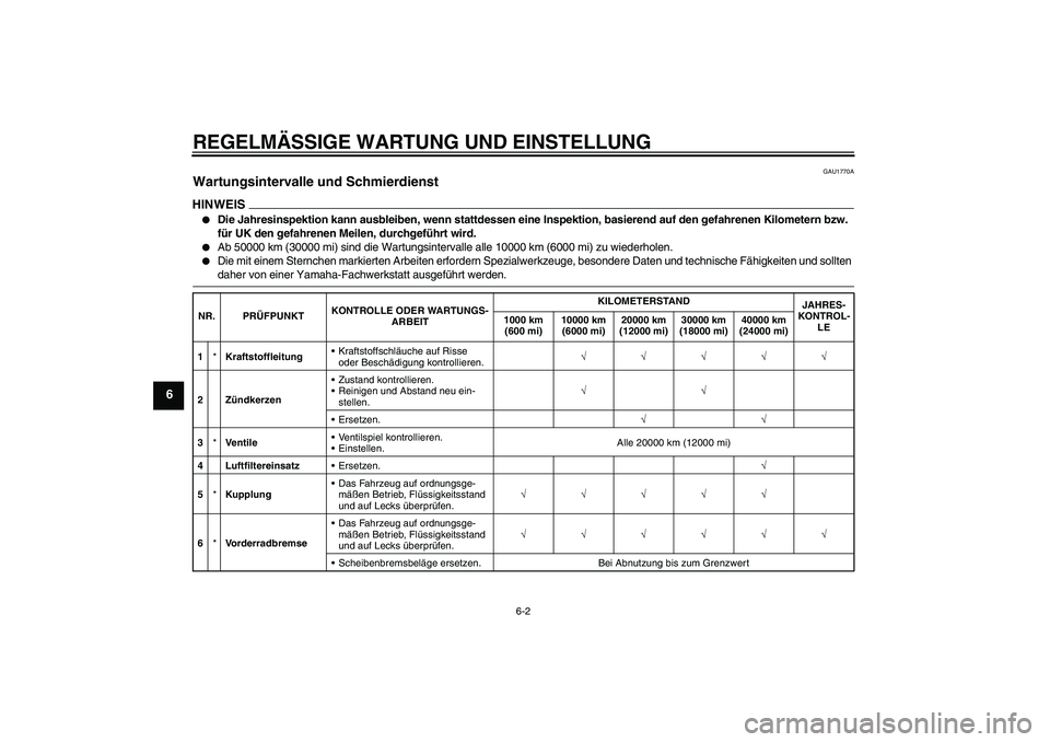 YAMAHA XJR 1300 2009  Betriebsanleitungen (in German) REGELMÄSSIGE WARTUNG UND EINSTELLUNG
6-2
6
GAU1770A
Wartungsintervalle und Schmierdienst HINWEIS
Die Jahresinspektion kann ausbleiben, wenn stattdessen eine Inspektion, basierend auf den gefahrenen 