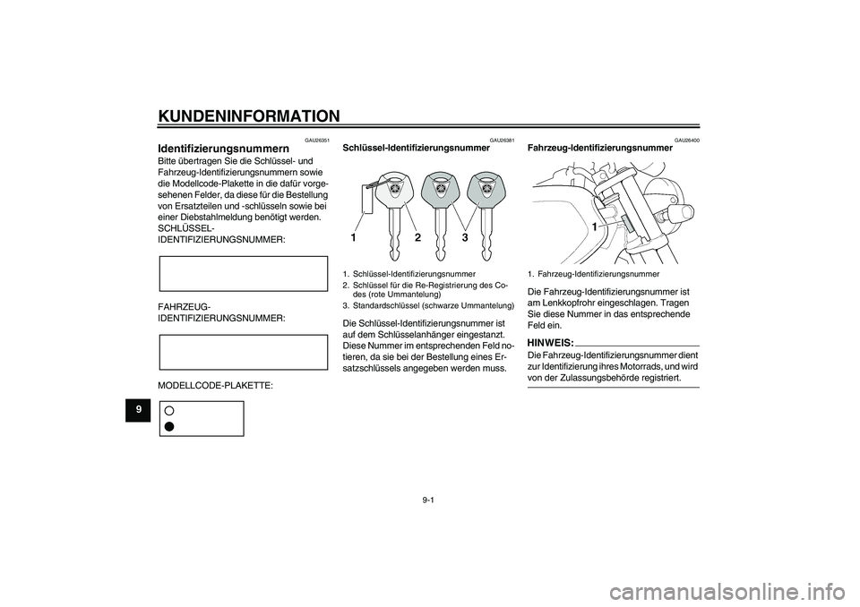YAMAHA XJR 1300 2008 Betriebsanleitungen (in German) KUNDENINFORMATION
9-1
9
GAU26351
Identifizierungsnummern Bitte übertragen Sie die Schlüssel- und
Fahrzeug-Identifizierungsnummern sowie
die Modellcode-Plakette in die dafür vorge-
sehenen Felder, YAMAHA XJR 1300 2008 Betriebsanleitungen (in German) KUNDENINFORMATION
9-1
9
GAU26351
Identifizierungsnummern Bitte übertragen Sie die Schlüssel- und
Fahrzeug-Identifizierungsnummern sowie
die Modellcode-Plakette in die dafür vorge-
sehenen Felder,