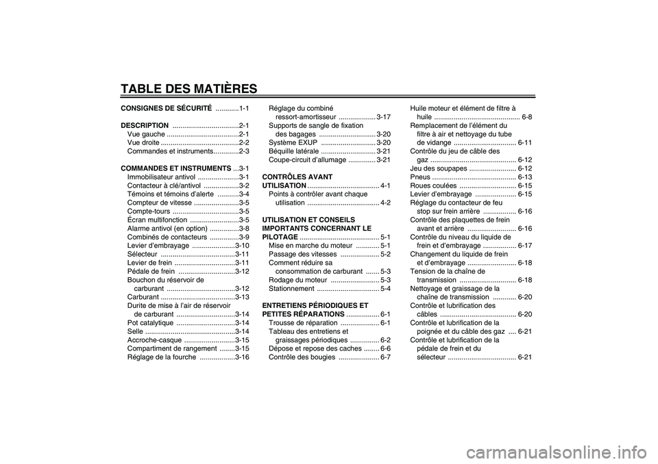 YAMAHA XJR 1300 2007 Notices Demploi (in French) TABLE DES MATIÈRESCONSIGNES DE SÉCURITÉ ............1-1
DESCRIPTION ..................................2-1
Vue gauche .....................................2-1
Vue droite ............................ YAMAHA XJR 1300 2007 Notices Demploi (in French) TABLE DES MATIÈRESCONSIGNES DE SÉCURITÉ ............1-1
DESCRIPTION ..................................2-1
Vue gauche .....................................2-1
Vue droite ............................