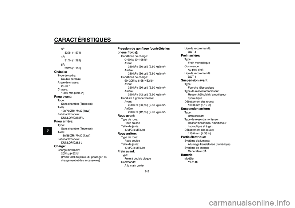 YAMAHA XJR 1300 2007  Notices Demploi (in French) CARACTÉRISTIQUES
8-2
8
3e:
33/21 (1.571)
4e:
31/24 (1.292)
5e:
29/26 (1.115)
Châssis:Type de cadre:
Double berceau
Angle de chasse:
25.30 °
Chasse:
100.0 mm (3.94 in)Pneu avant:Type:
Sans chambre (