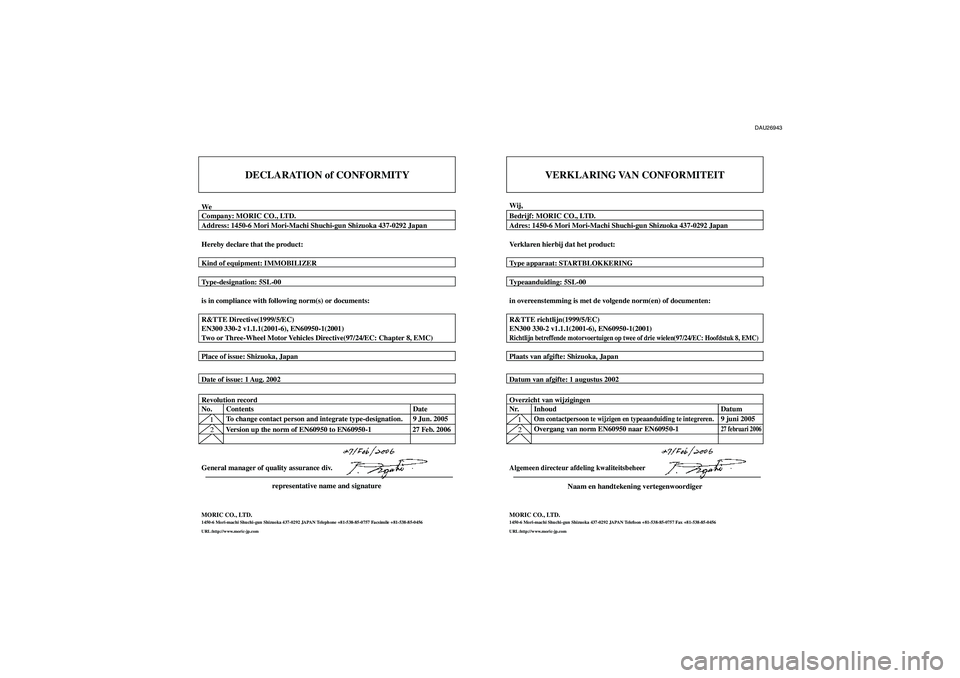 YAMAHA XJR 1300 2007  Instructieboekje (in Dutch) DAU26943
DECLARATION of CONFORMITY
WeCompany: MORIC CO., LTD.
Address: 1450-6 Mori Mori-Machi Shuchi-gun Shizuoka 437-0292 Japan
Hereby declare that the product:
Kind of equipment: IMMOBILIZER
Type-de