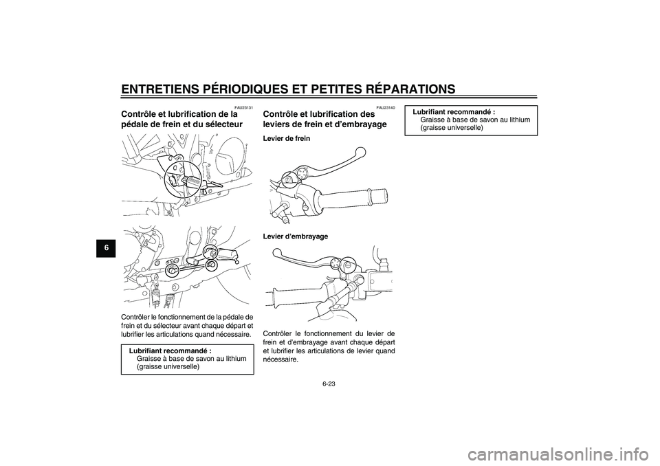 YAMAHA XJR 1300 2006  Notices Demploi (in French) ENTRETIENS PÉRIODIQUES ET PETITES RÉPARATIONS
6-23
6
FAU23131
Contrôle et lubrification de la 
pédale de frein et du sélecteur Contrôler le fonctionnement de la pédale de
frein et du sélecteur