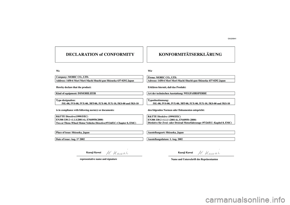 YAMAHA XJR 1300 2005 Betriebsanleitungen (in German) GAU26941
DECLARATION of CONFORMITY
We
Hereby declare that the product:
is in compliance with following norm(s) or documents: Type-designation:
5SL-00, 5VS-00, 5VX-00, 3HT-00, 5UX-00, 5UX-10, YAMAHA XJR 1300 2005 Betriebsanleitungen (in German) GAU26941
DECLARATION of CONFORMITY
We
Hereby declare that the product:
is in compliance with following norm(s) or documents: Type-designation:
5SL-00, 5VS-00, 5VX-00, 3HT-00, 5UX-00, 5UX-10,