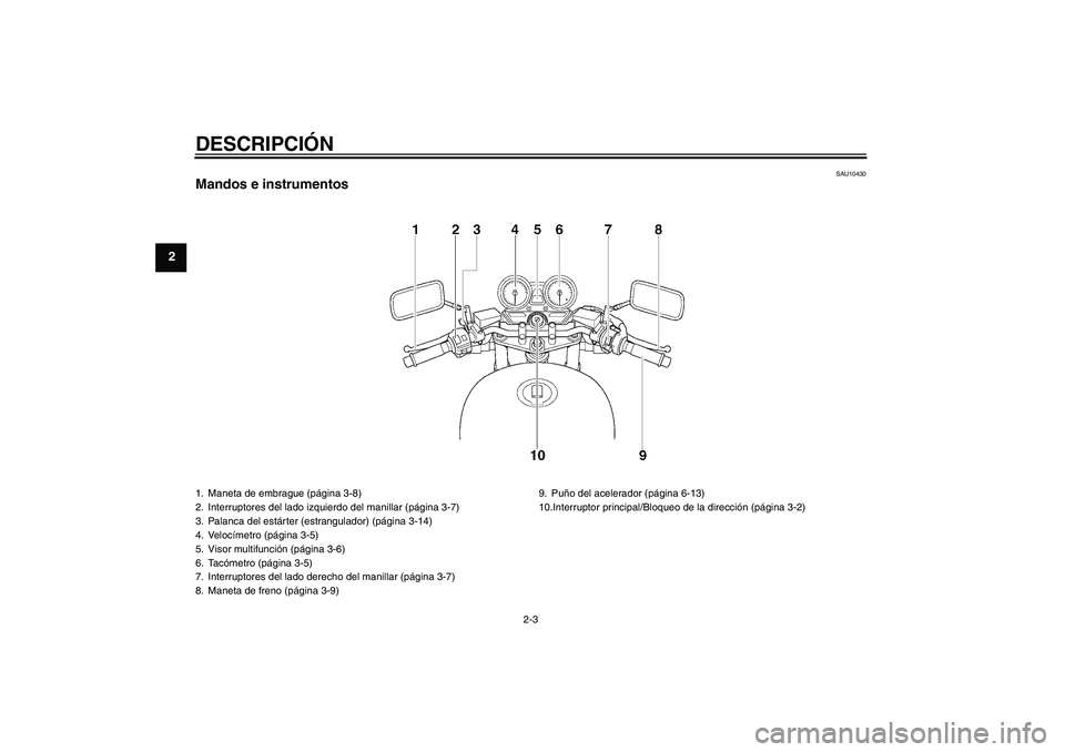 YAMAHA XJR 1300 2004  Manuale de Empleo (in Spanish) DESCRIPCIÓN
2-3
2
SAU10430
Mandos e instrumentos1. Maneta de embrague (página 3-8)
2. Interruptores del lado izquierdo del manillar (página 3-7)
3. Palanca del estárter (estrangulador) (página 3-