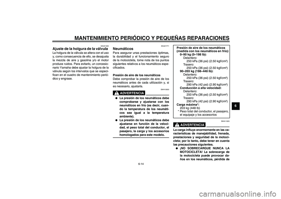 YAMAHA XJR 1300 2004  Manuale de Empleo (in Spanish) MANTENIMIENTO PERIÓDICO Y PEQUEÑAS REPARACIONES
6-14
6
SAU21400
Ajuste de la holgura de la válvula La holgura de la válvula se altera con el uso
y, como consecuencia de ello, se desajusta
la mezcl