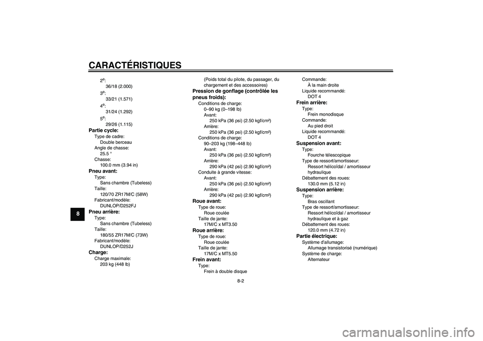 YAMAHA XJR 1300 2004  Notices Demploi (in French) CARACTÉRISTIQUES
8-2
8
2e:
36/18 (2.000)
3e:
33/21 (1.571)
4e:
31/24 (1.292)
5e:
29/26 (1.115)
Partie cycle:Type de cadre:
Double berceau
Angle de chasse:
25.5 °
Chasse:
100.0 mm (3.94 in)Pneu avant