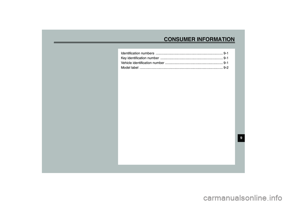 YAMAHA XJR 1300 2003  Owners Manual CONSUMER INFORMATION
9
Identification numbers  ....................................................................... 9-1
Key identification number  ..................................................